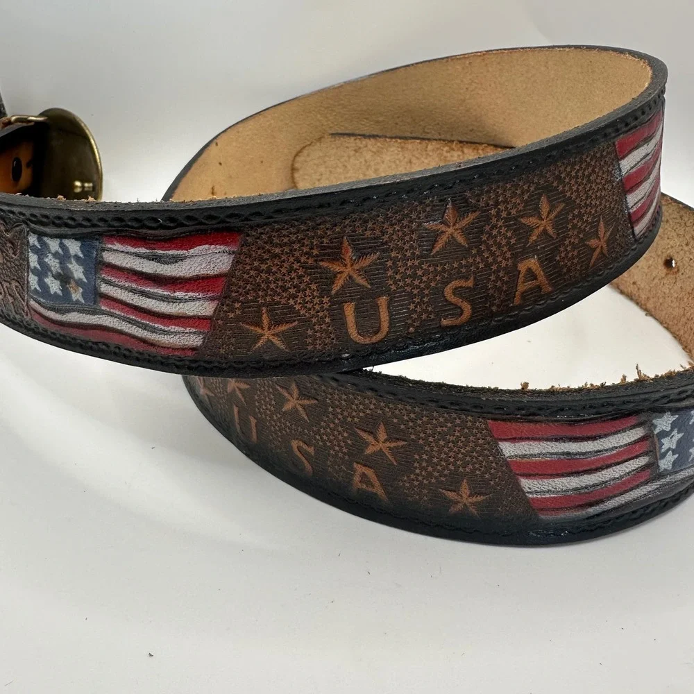 Brushy Creek Mens 38 Leather Belt USA Stars & Stripes Flag Western Brass Buckle